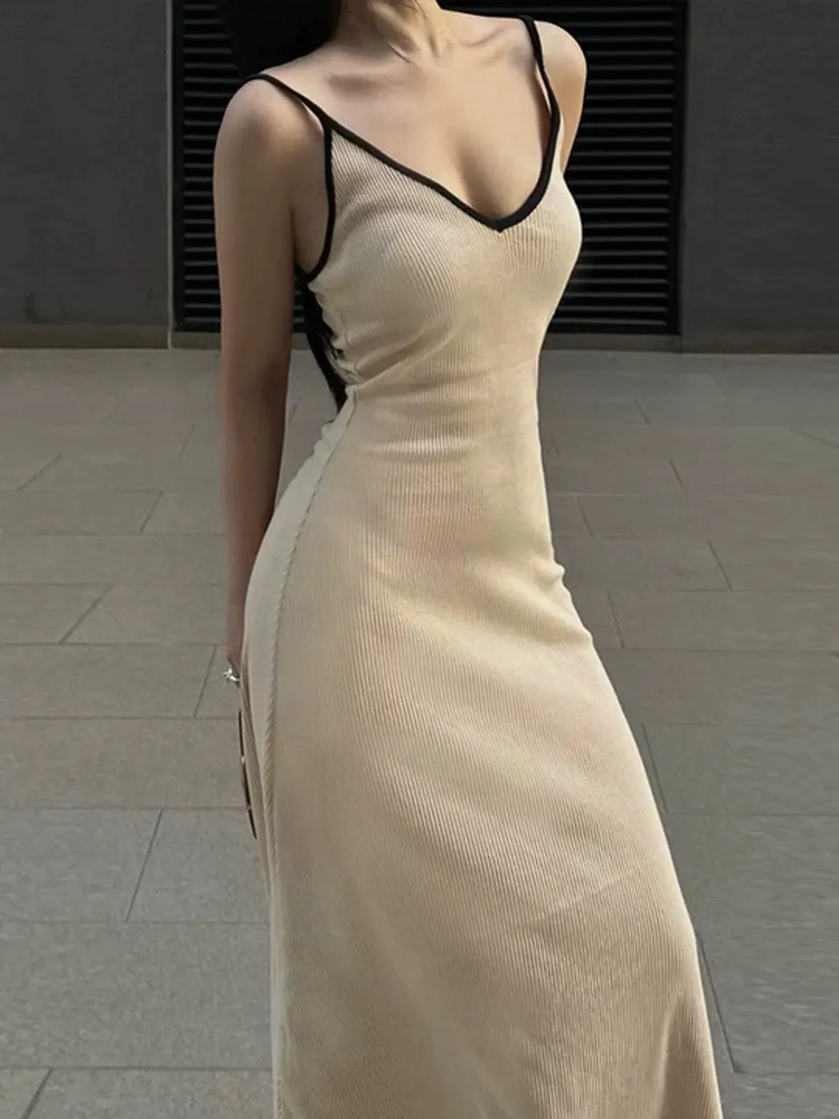 Contrast Trim V Trendy Neck Long Dress