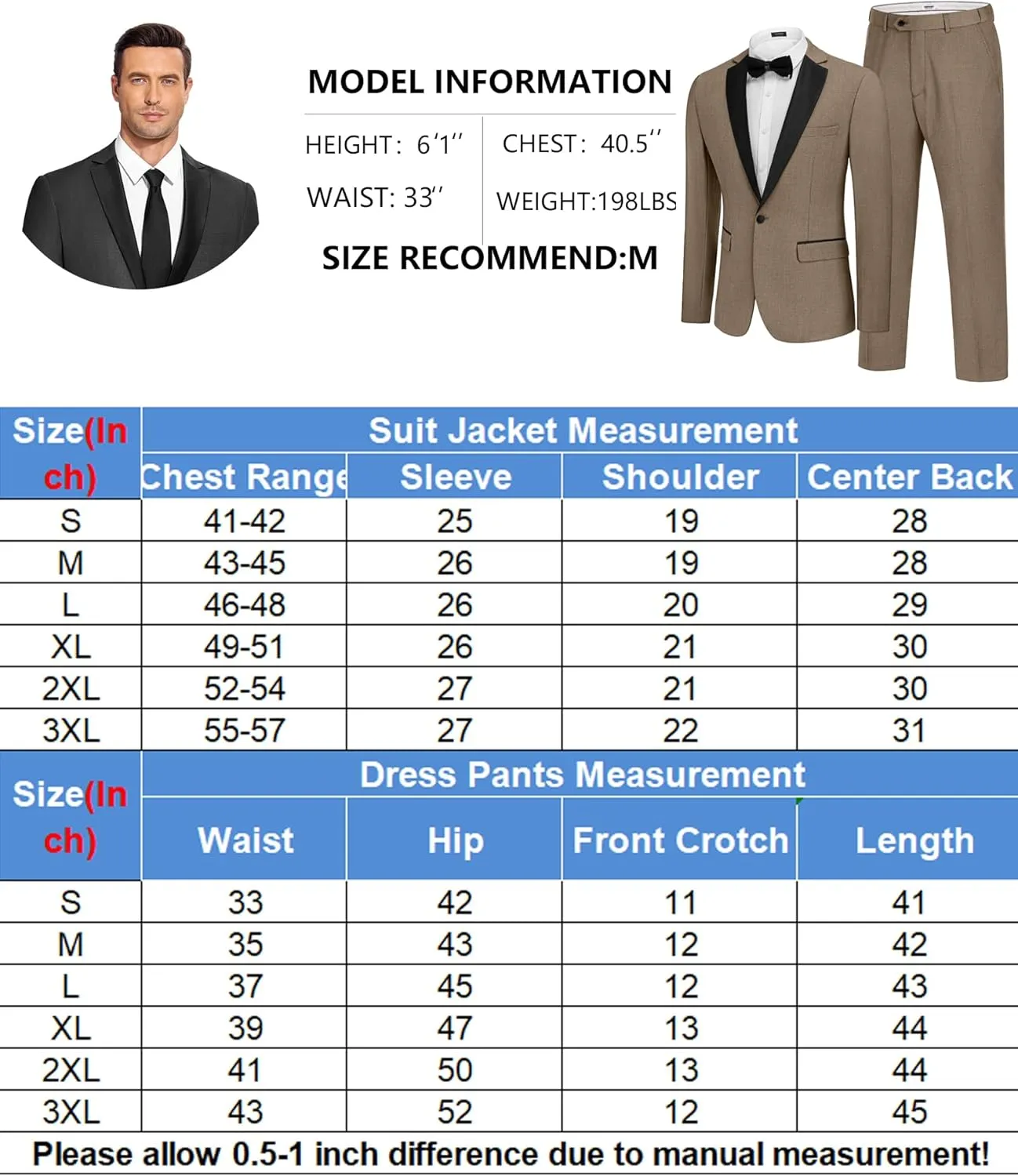 COOFANDY Mens Tuxedo Suit Set Slim Fit 2 Piece One Button Blazer Jacket Pants for Wedding,Dinner,Prom