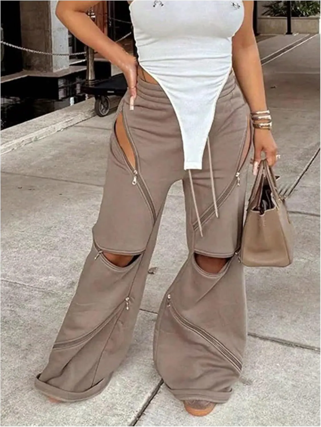 COZYEASE Women's Cut Out Zipper Baggy Sweatpants Drawstring Waist Wide Leg Pants Trousers with Pockets