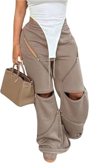 COZYEASE Women's Cut Out Zipper Baggy Sweatpants Drawstring Waist Wide Leg Pants Trousers with Pockets