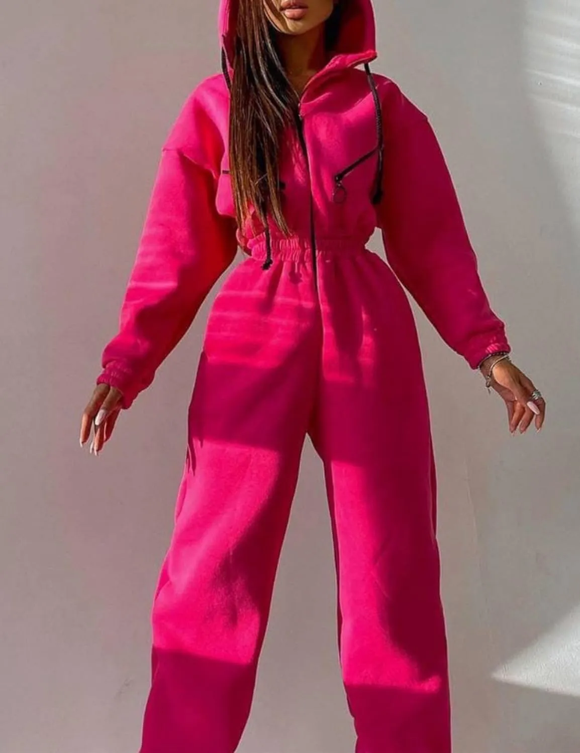 COZYPOIN Women Fleece Jumpsuits One Piece Outfits Hooded Sweatshirt Set High Waist Ladies Jumpsuit