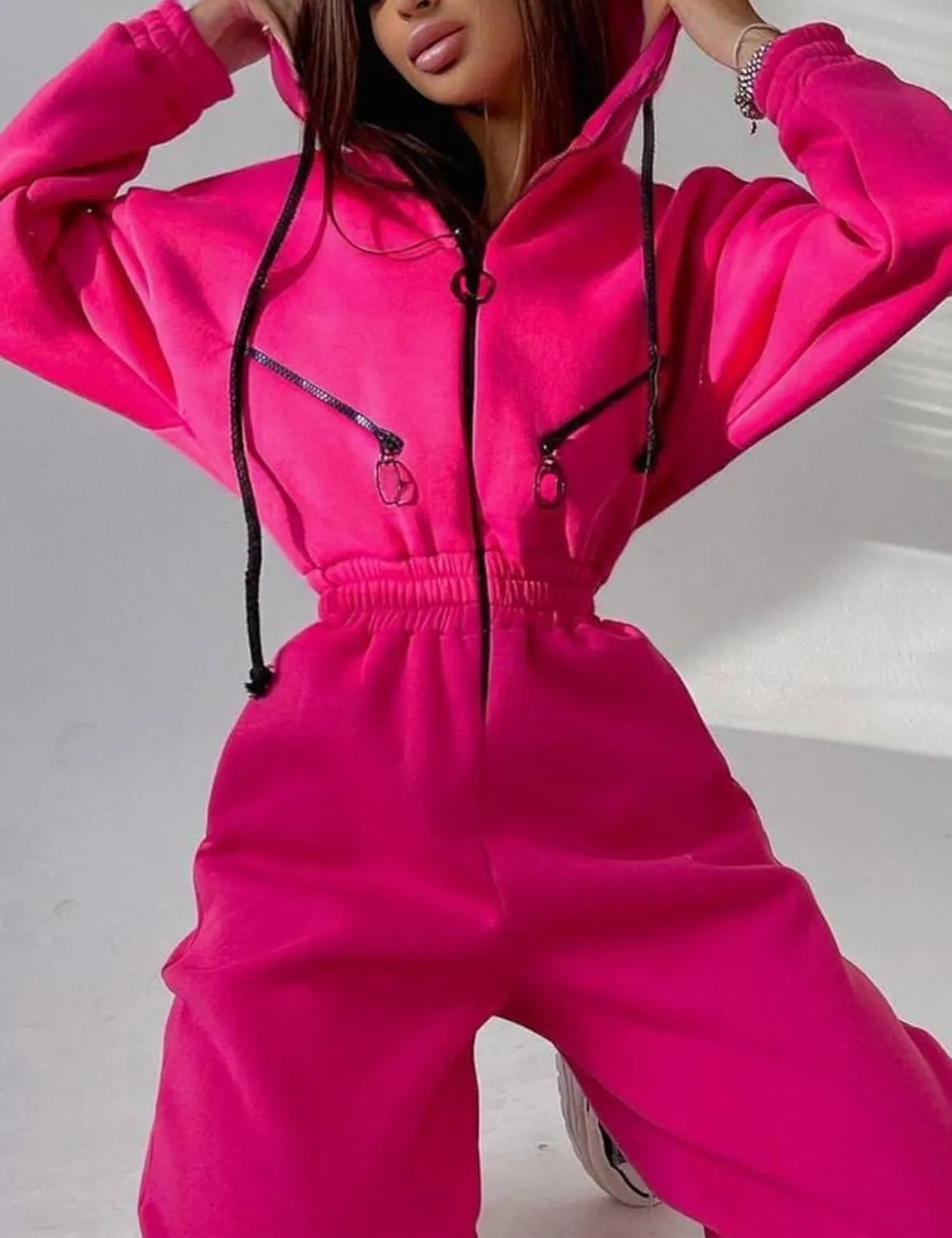 COZYPOIN Women Fleece Jumpsuits One Piece Outfits Hooded Sweatshirt Set High Waist Ladies Jumpsuit