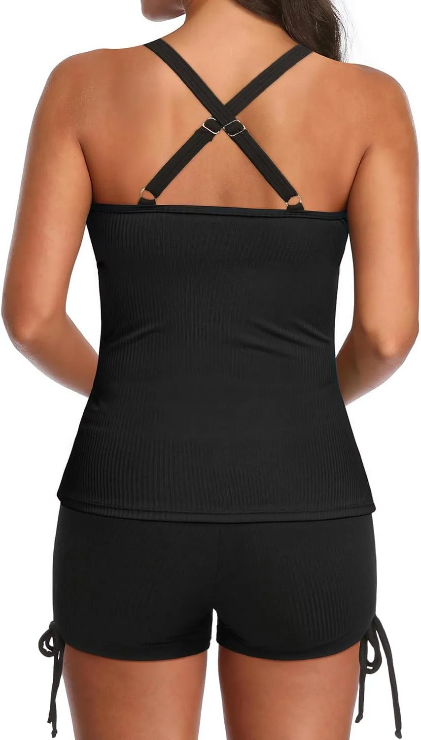 Daci Tankini Swimsuits for Women - Two Piece Tummy Control Swimsuits Ribbed Tankini Top with Shorts Button Bathing Suits