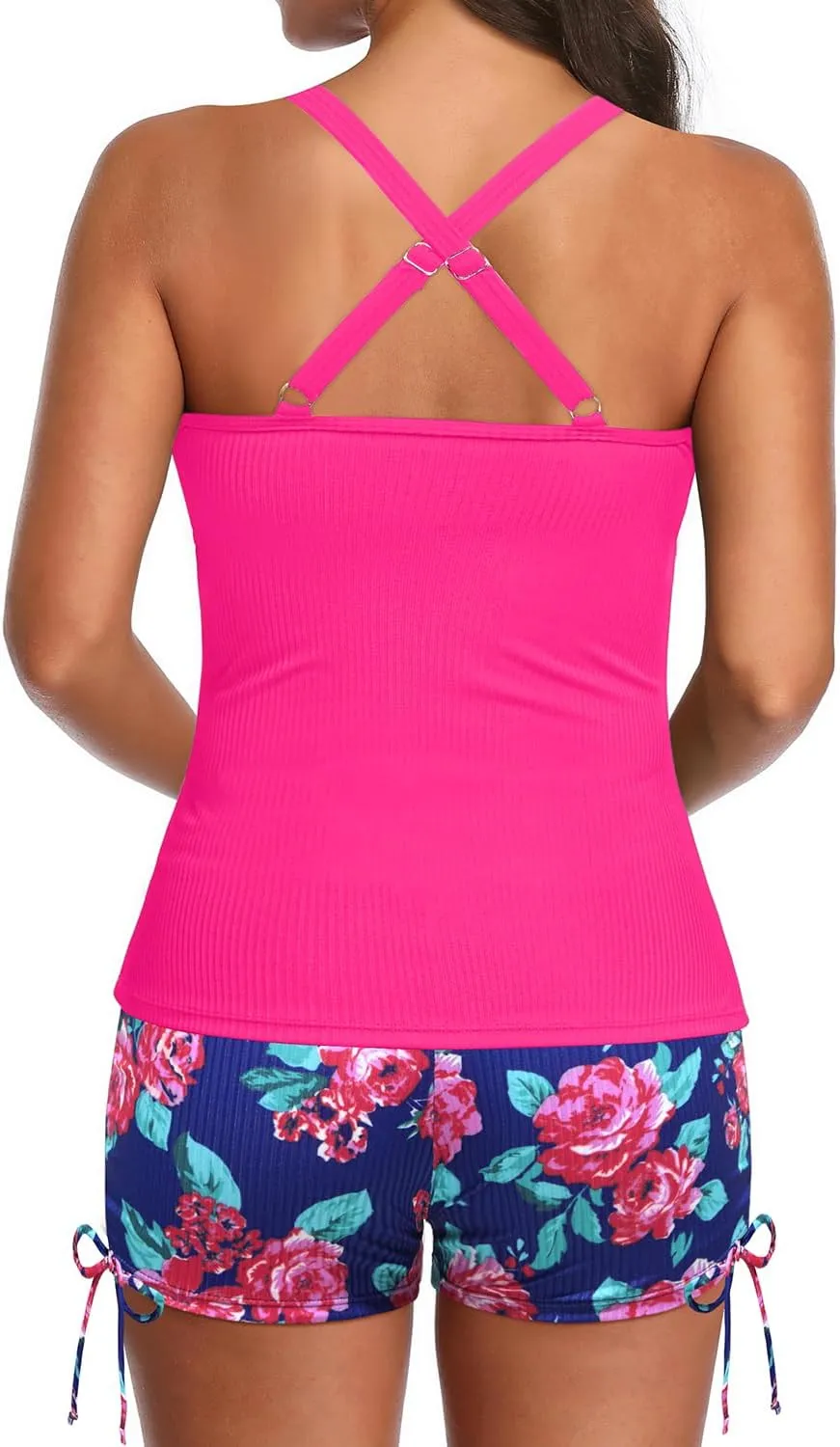 Daci Tankini Swimsuits for Women - Two Piece Tummy Control Swimsuits Ribbed Tankini Top with Shorts Button Bathing Suits