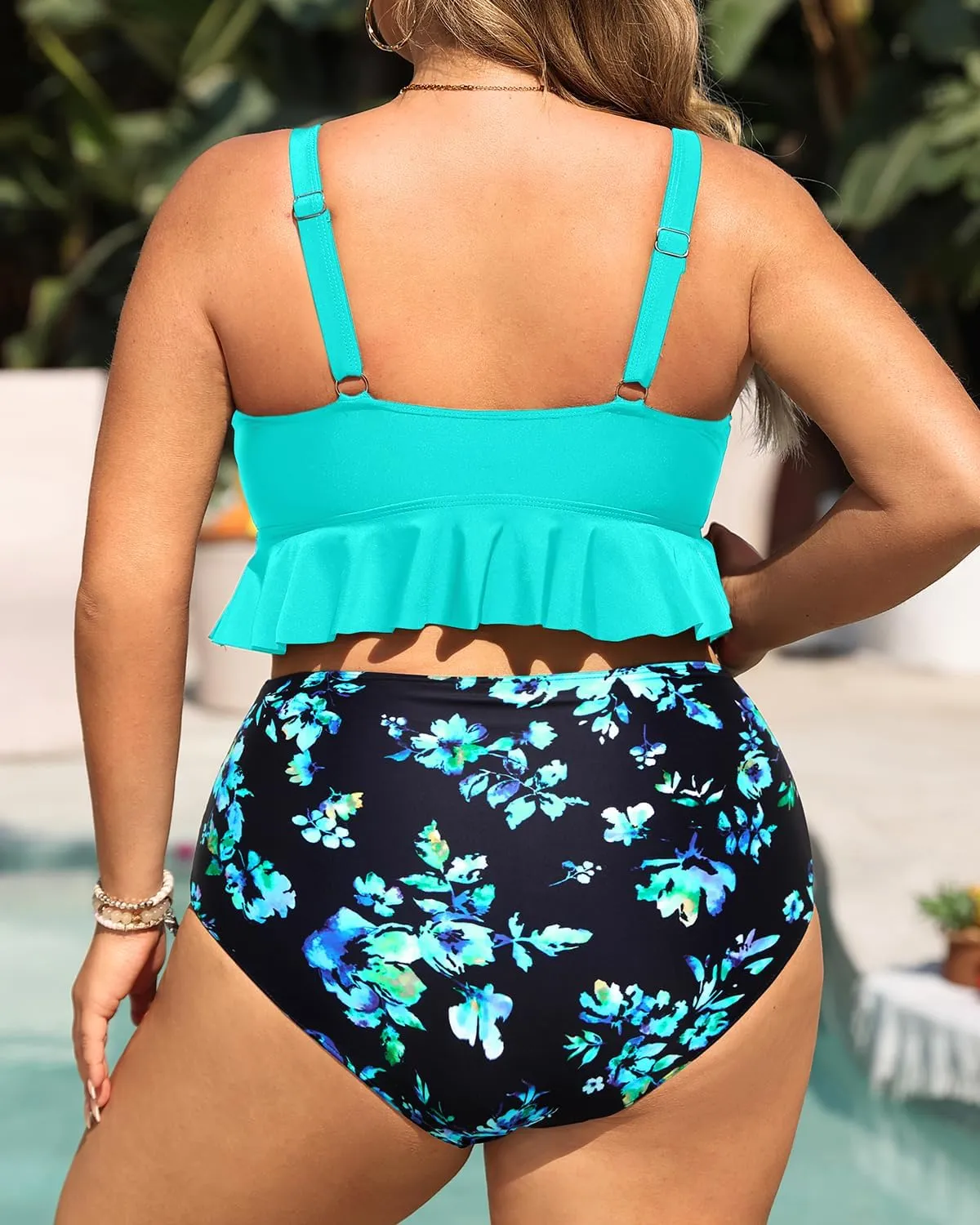Daci Women Plus Size Two Piece Swimsuits High Waisted Bikini Set Ruffle Flounce Tummy Control Bathing Suits with Bottom