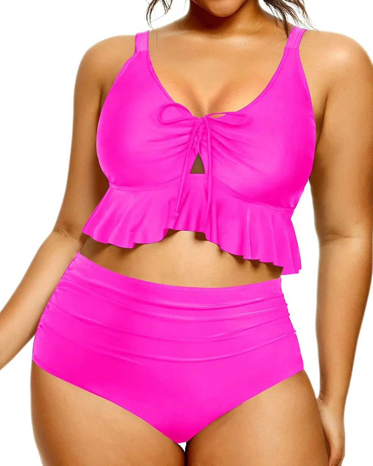 Daci Women Plus Size Two Piece Swimsuits High Waisted Bikini Set Ruffle Flounce Tummy Control Bathing Suits with Bottom