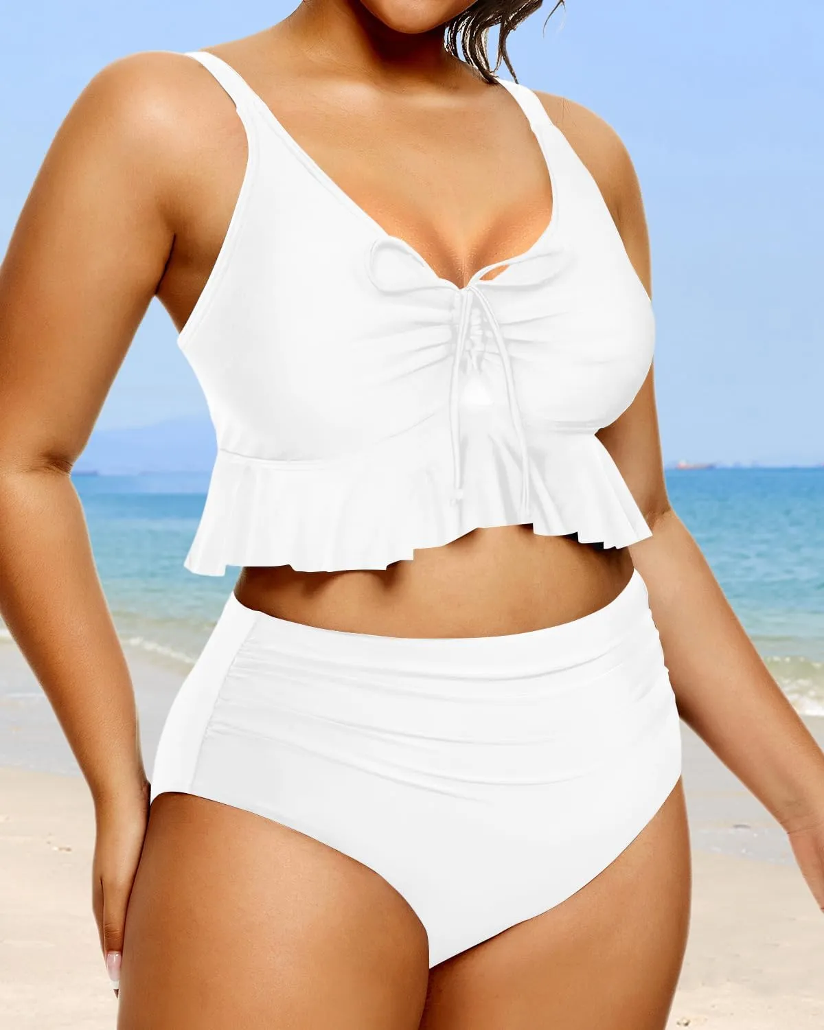 Daci Women Plus Size Two Piece Swimsuits High Waisted Bikini Set Ruffle Flounce Tummy Control Bathing Suits with Bottom