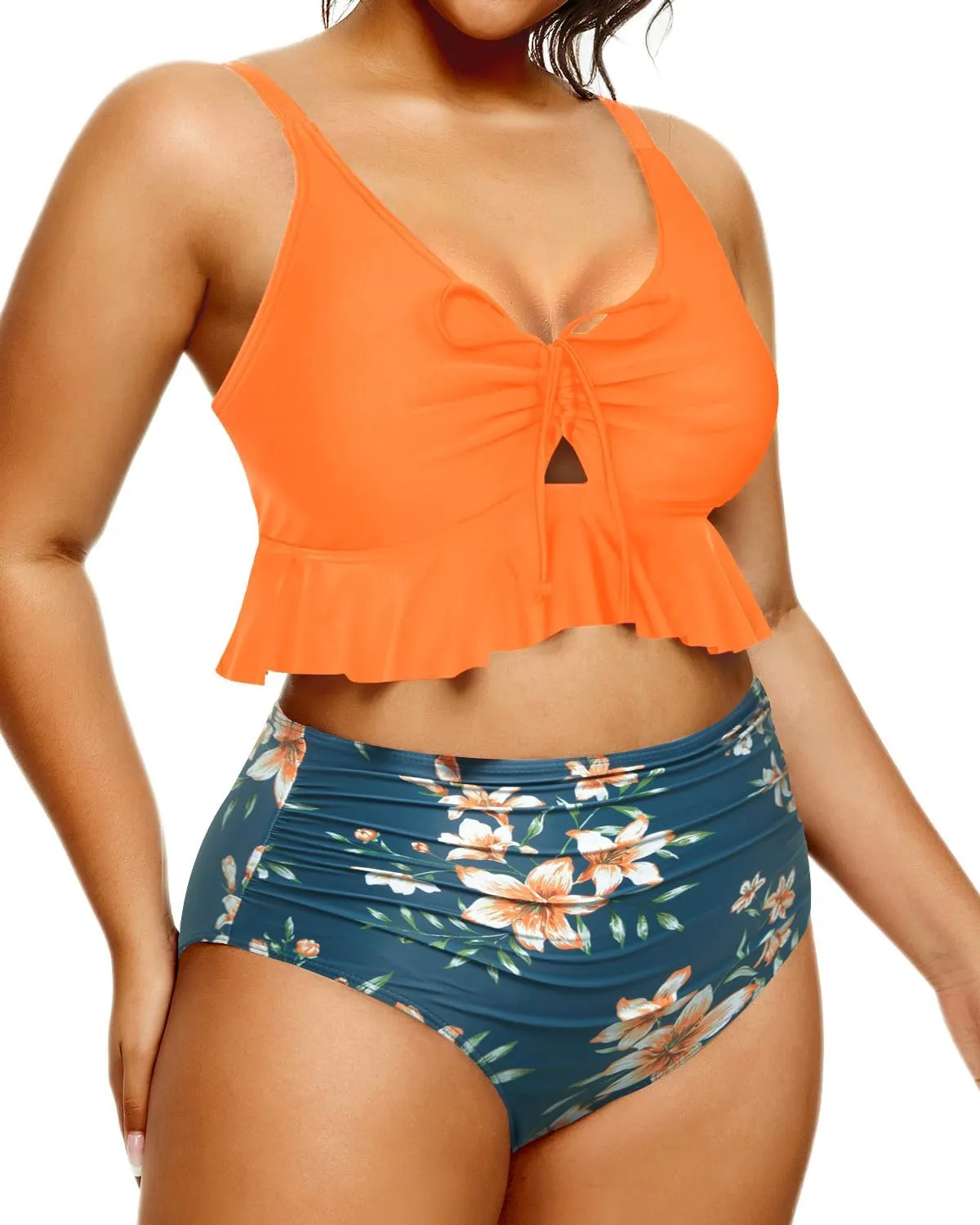 Daci Women Plus Size Two Piece Swimsuits High Waisted Bikini Set Ruffle Flounce Tummy Control Bathing Suits with Bottom