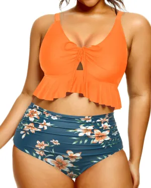 Daci Women Plus Size Two Piece Swimsuits High Waisted Bikini Set Ruffle Flounce Tummy Control Bathing Suits with Bottom
