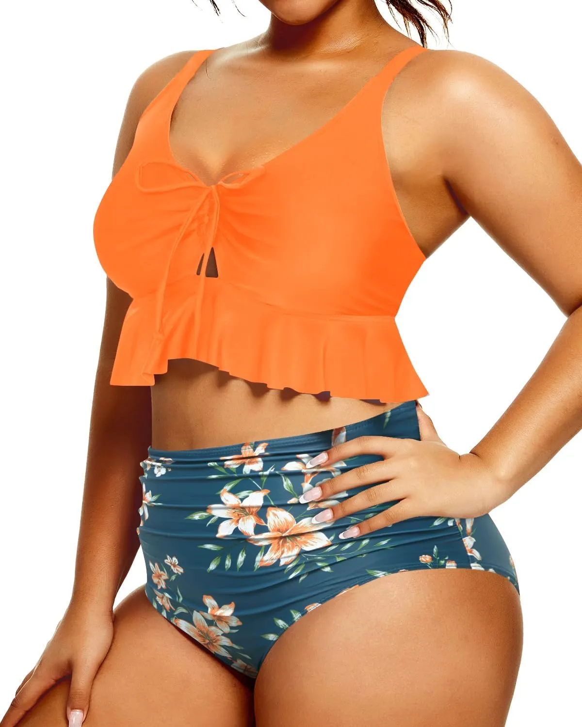 Daci Women Plus Size Two Piece Swimsuits High Waisted Bikini Set Ruffle Flounce Tummy Control Bathing Suits with Bottom