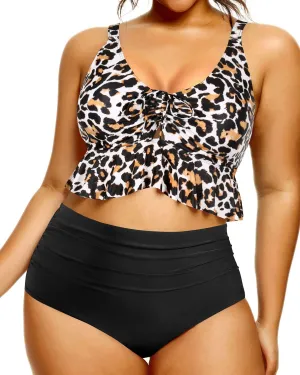 Daci Women Plus Size Two Piece Swimsuits High Waisted Bikini Set Ruffle Flounce Tummy Control Bathing Suits with Bottom