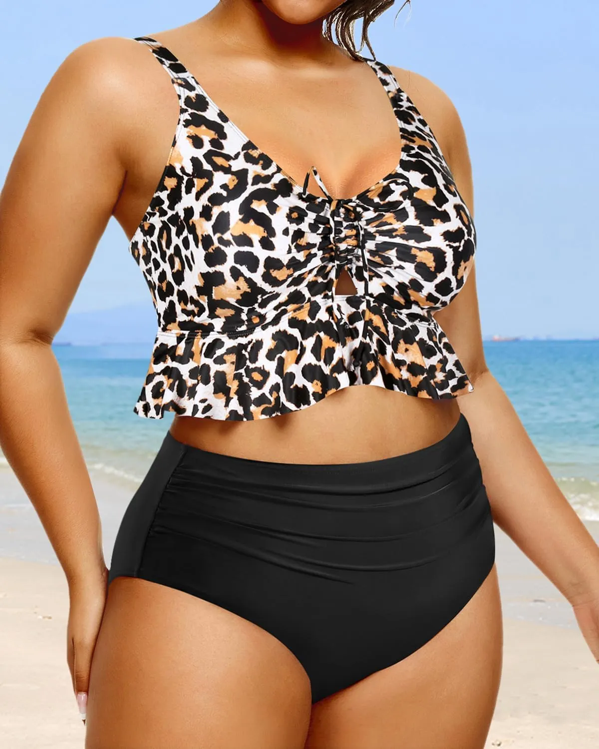 Daci Women Plus Size Two Piece Swimsuits High Waisted Bikini Set Ruffle Flounce Tummy Control Bathing Suits with Bottom
