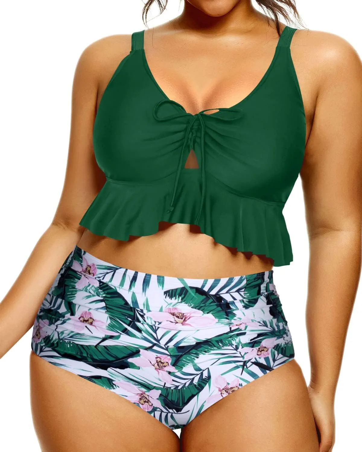 Daci Women Plus Size Two Piece Swimsuits High Waisted Bikini Set Ruffle Flounce Tummy Control Bathing Suits with Bottom
