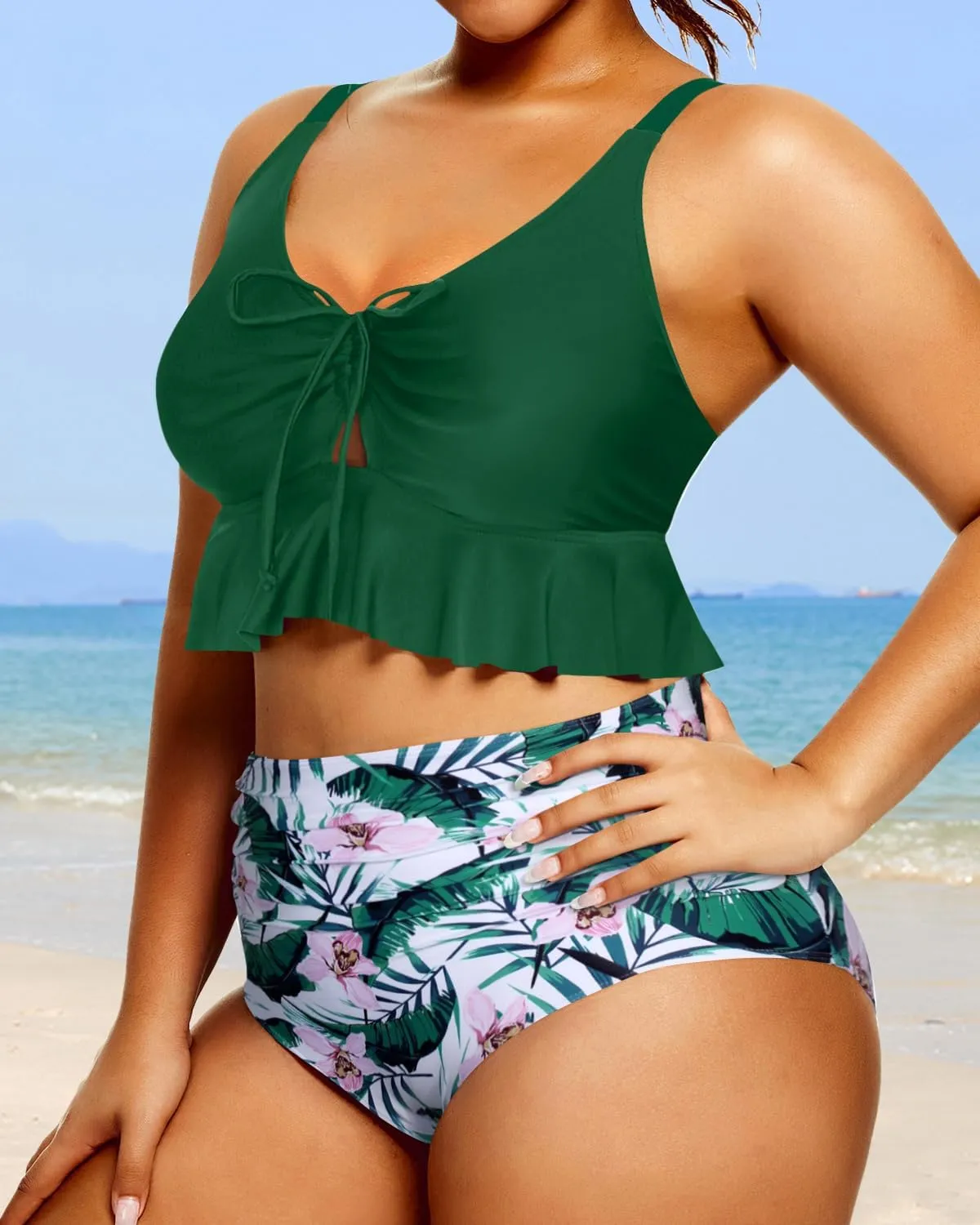 Daci Women Plus Size Two Piece Swimsuits High Waisted Bikini Set Ruffle Flounce Tummy Control Bathing Suits with Bottom