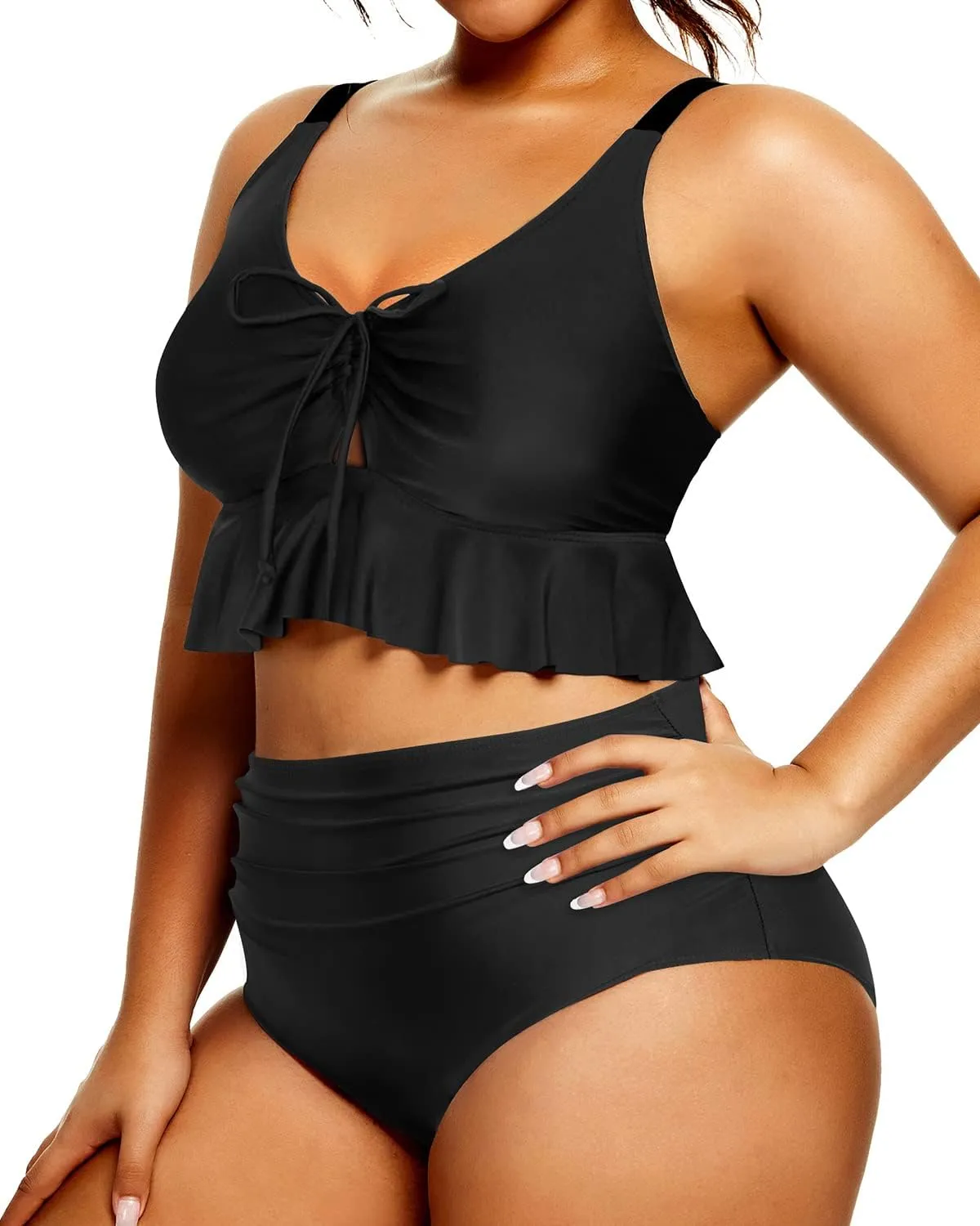 Daci Women Plus Size Two Piece Swimsuits High Waisted Bikini Set Ruffle Flounce Tummy Control Bathing Suits with Bottom