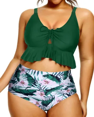 Daci Women Plus Size Two Piece Swimsuits High Waisted Bikini Set Ruffle Flounce Tummy Control Bathing Suits with Bottom