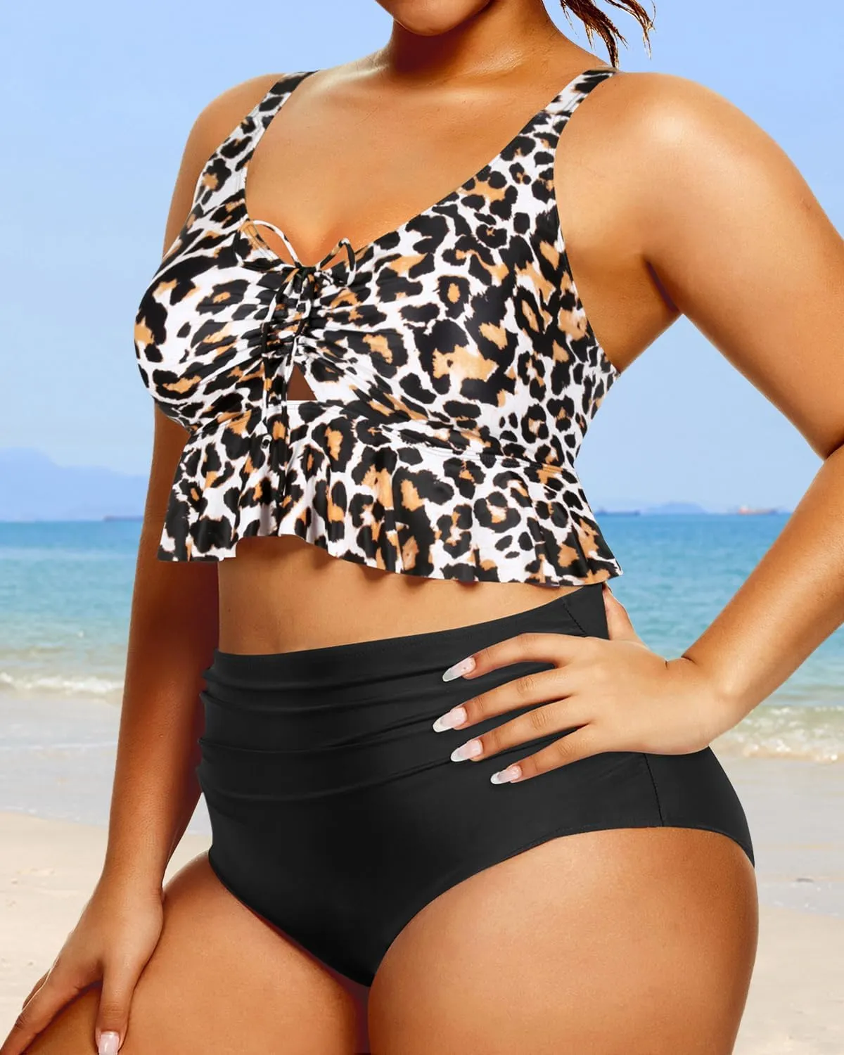 Daci Women Plus Size Two Piece Swimsuits High Waisted Bikini Set Ruffle Flounce Tummy Control Bathing Suits with Bottom