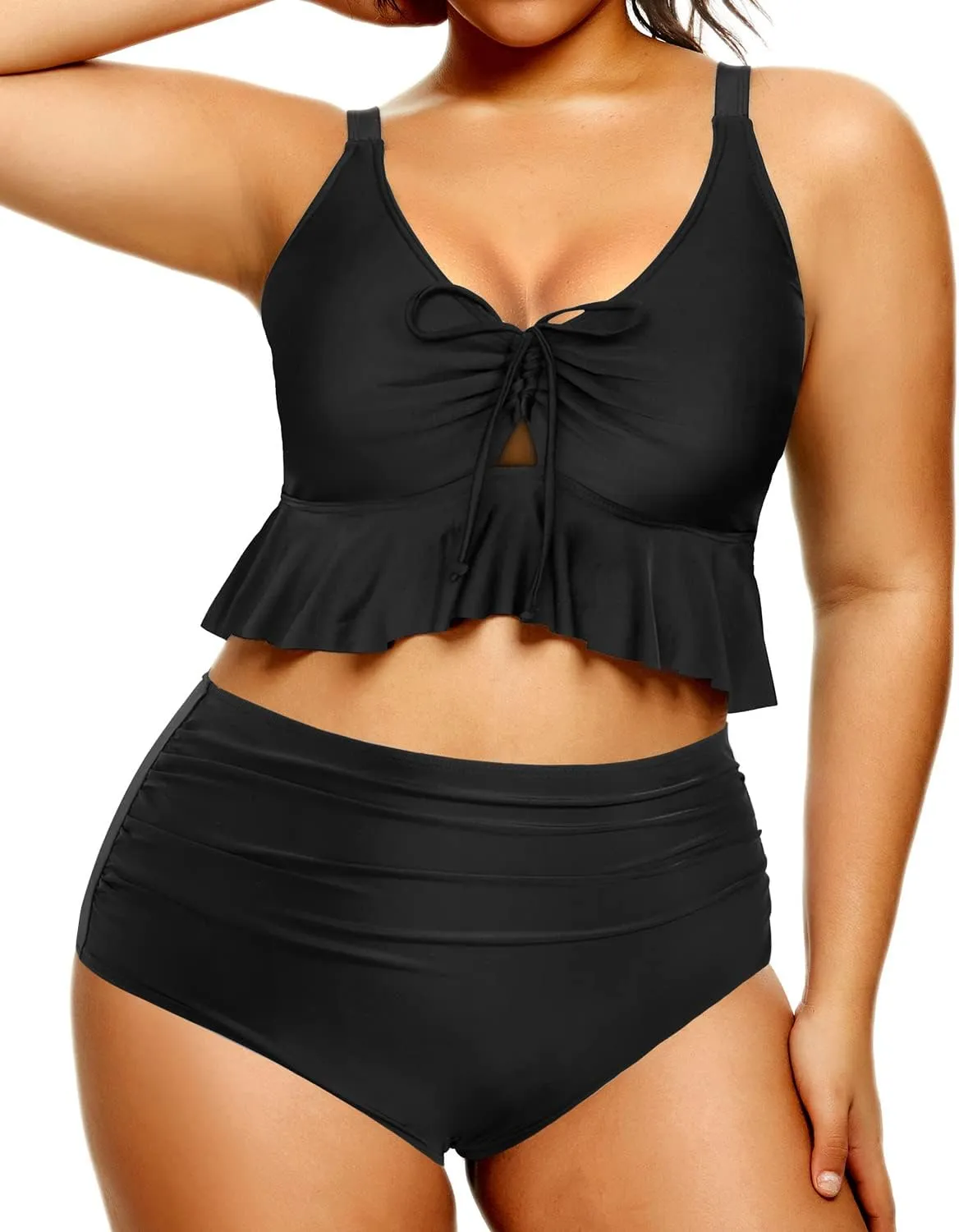 Daci Women Plus Size Two Piece Swimsuits High Waisted Bikini Set Ruffle Flounce Tummy Control Bathing Suits with Bottom