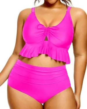 Daci Women Plus Size Two Piece Swimsuits High Waisted Bikini Set Ruffle Flounce Tummy Control Bathing Suits with Bottom