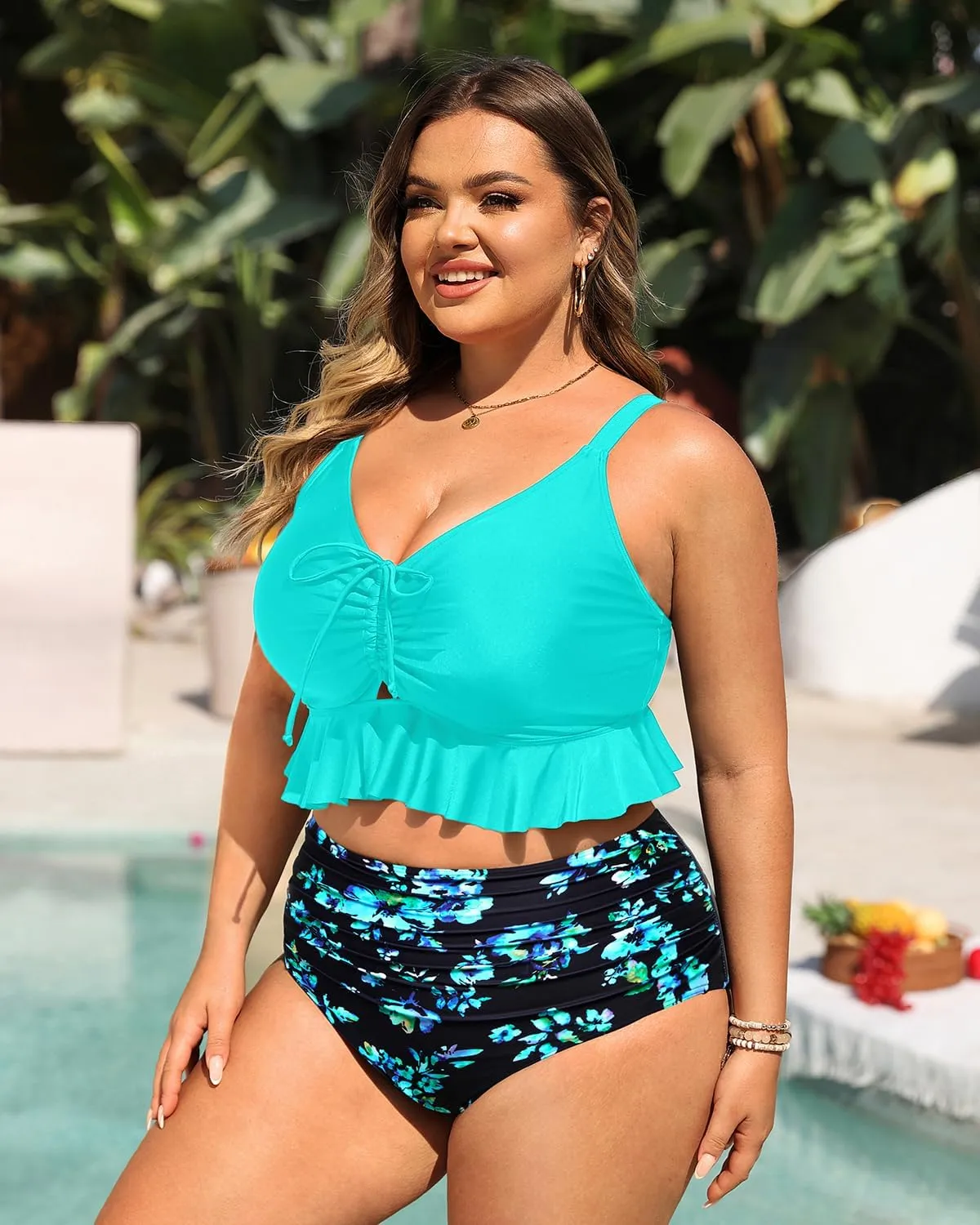 Daci Women Plus Size Two Piece Swimsuits High Waisted Bikini Set Ruffle Flounce Tummy Control Bathing Suits with Bottom