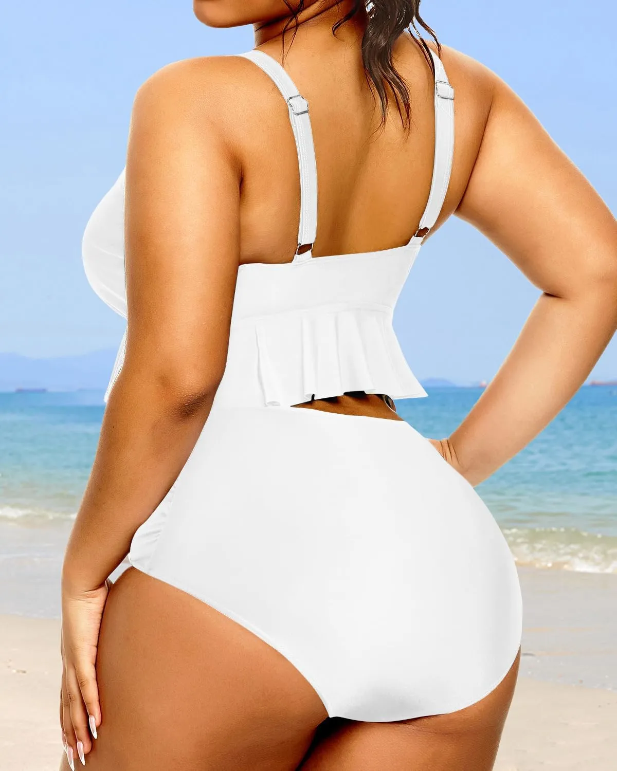 Daci Women Plus Size Two Piece Swimsuits High Waisted Bikini Set Ruffle Flounce Tummy Control Bathing Suits with Bottom