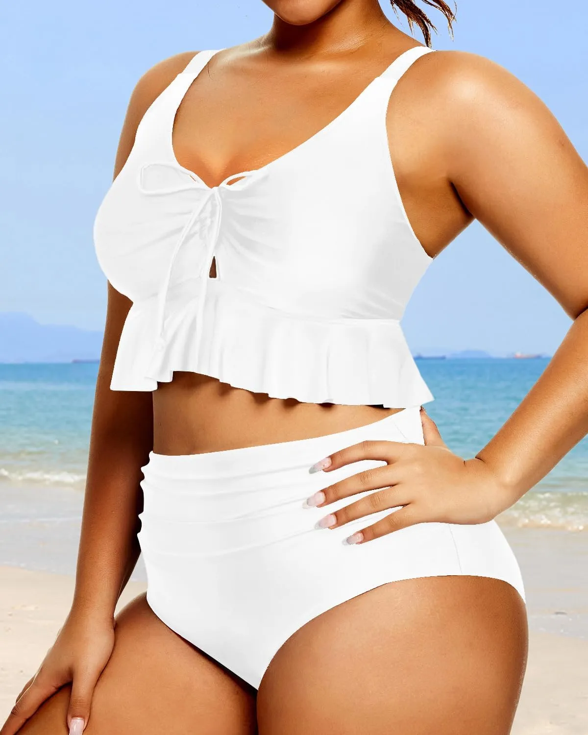 Daci Women Plus Size Two Piece Swimsuits High Waisted Bikini Set Ruffle Flounce Tummy Control Bathing Suits with Bottom