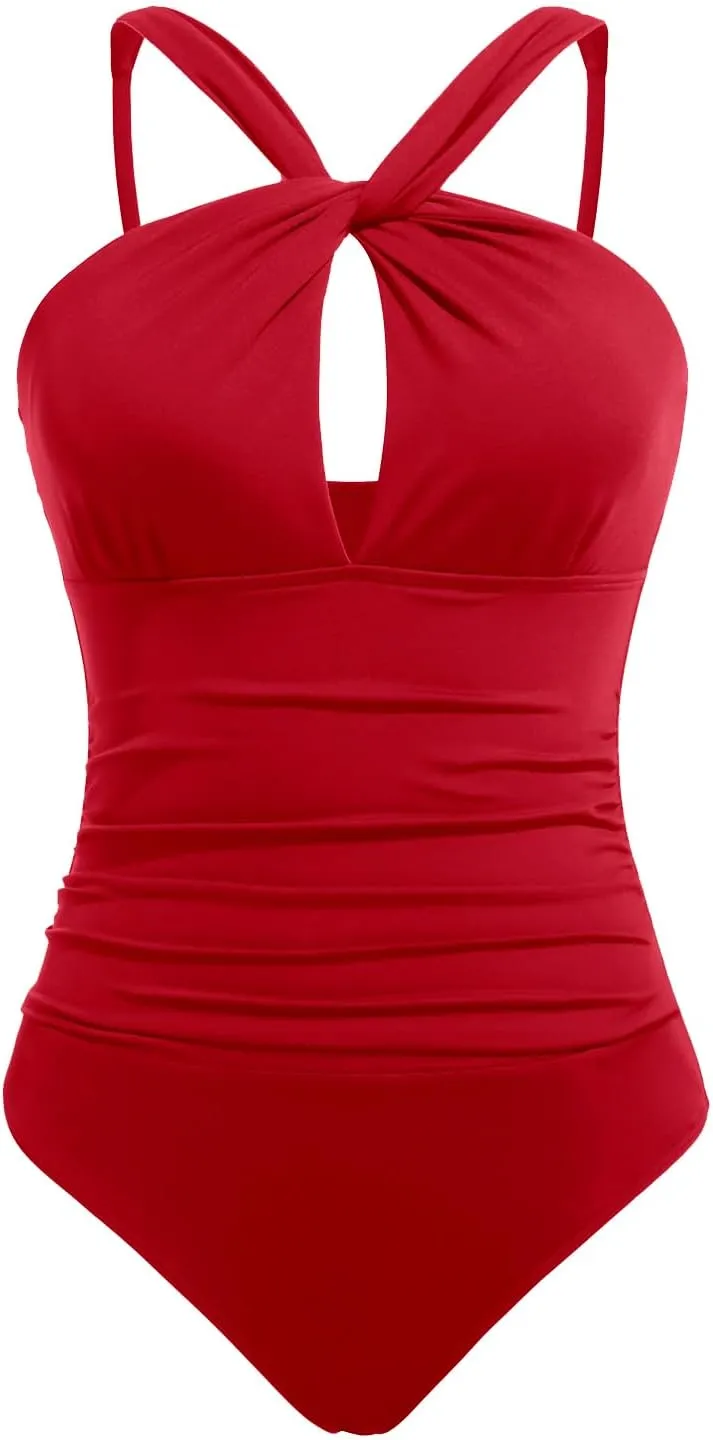 Daci Womens Front Cross One Piece Swimsuits Keyhole Tummy Control Ruched Bathing Suits Swimwear
