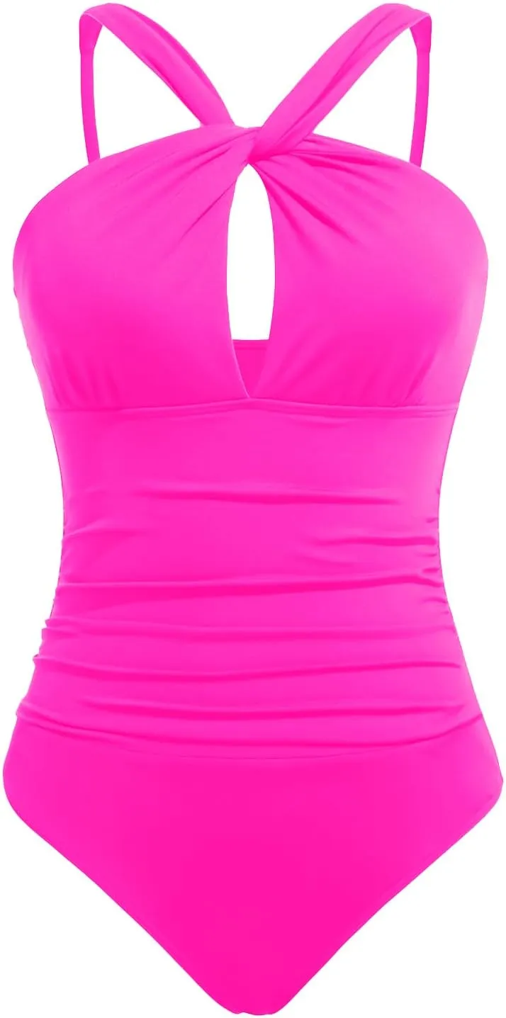 Daci Womens Front Cross One Piece Swimsuits Keyhole Tummy Control Ruched Bathing Suits Swimwear