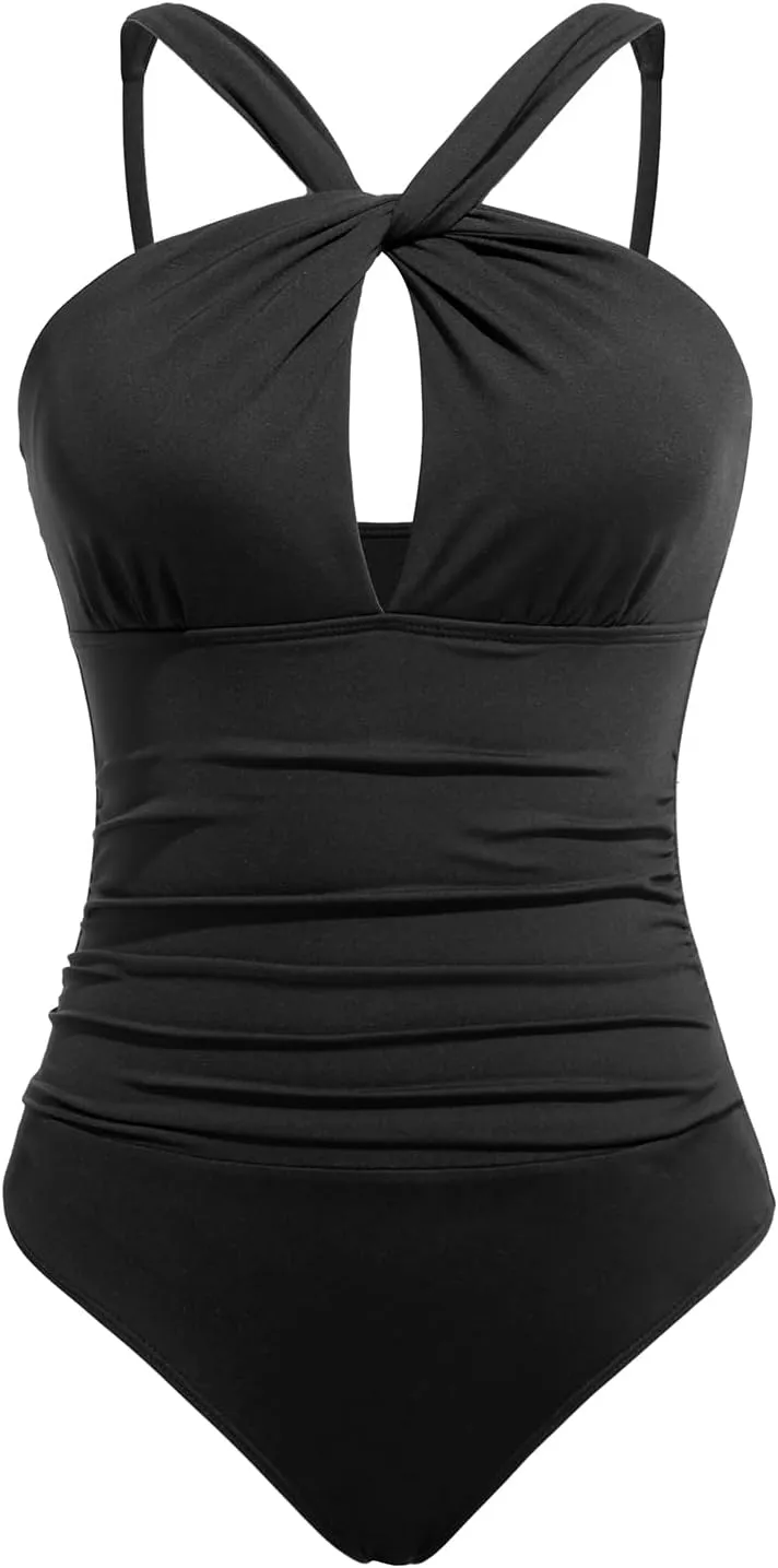 Daci Womens Front Cross One Piece Swimsuits Keyhole Tummy Control Ruched Bathing Suits Swimwear