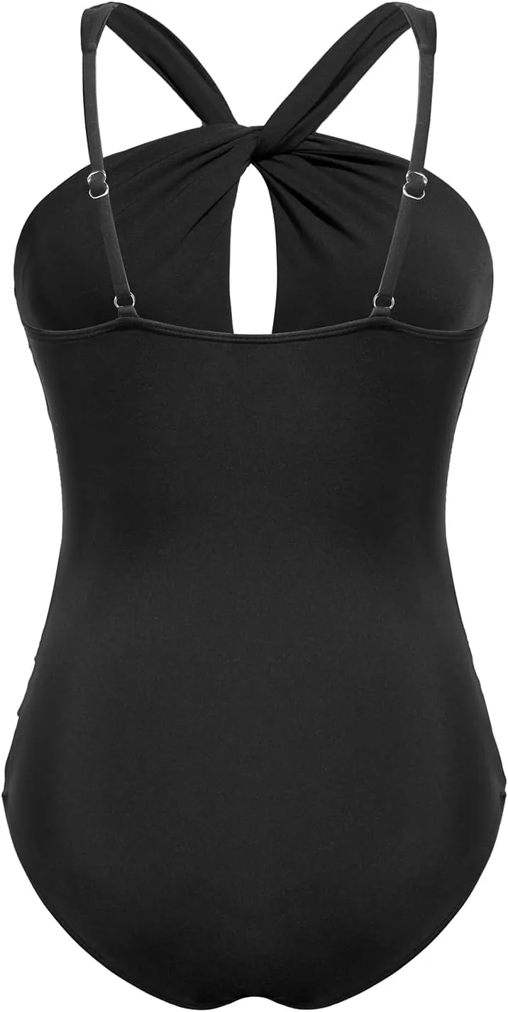 Daci Womens Front Cross One Piece Swimsuits Keyhole Tummy Control Ruched Bathing Suits Swimwear