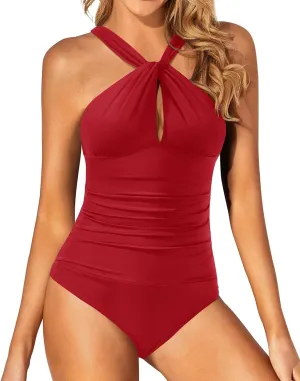 Daci Womens Front Cross One Piece Swimsuits Keyhole Tummy Control Ruched Bathing Suits Swimwear