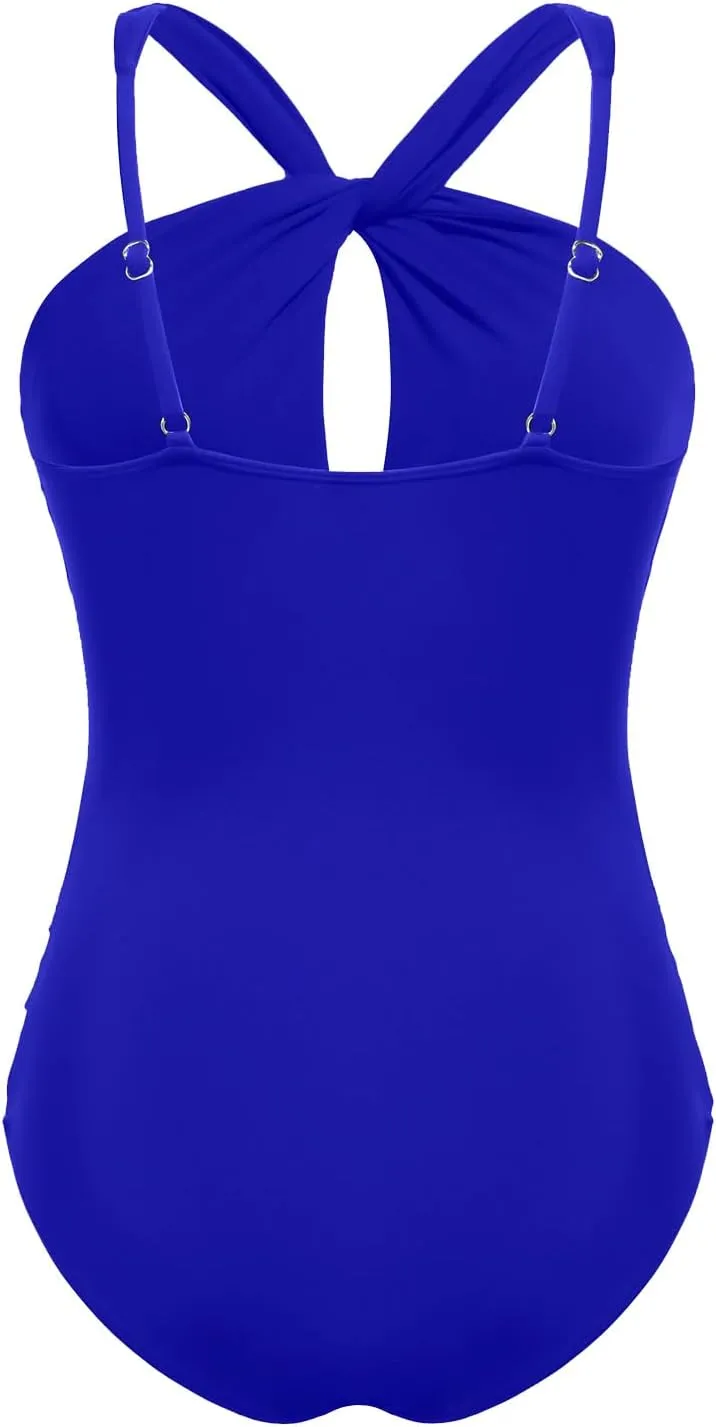 Daci Womens Front Cross One Piece Swimsuits Keyhole Tummy Control Ruched Bathing Suits Swimwear