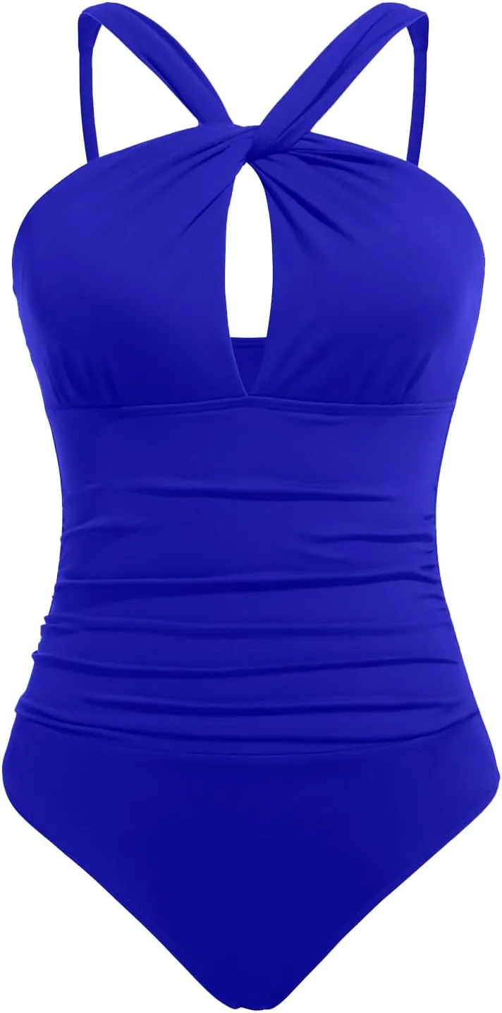 Daci Womens Front Cross One Piece Swimsuits Keyhole Tummy Control Ruched Bathing Suits Swimwear
