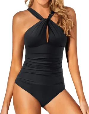 Daci Womens Front Cross One Piece Swimsuits Keyhole Tummy Control Ruched Bathing Suits Swimwear