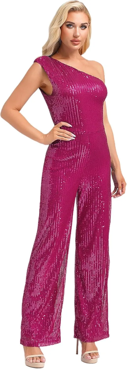 DINORMIN Women's Evening Sparkly Jumpsuits Off Shoulder Sequins Rompers High Waisted Wide Leg Pants Suit
