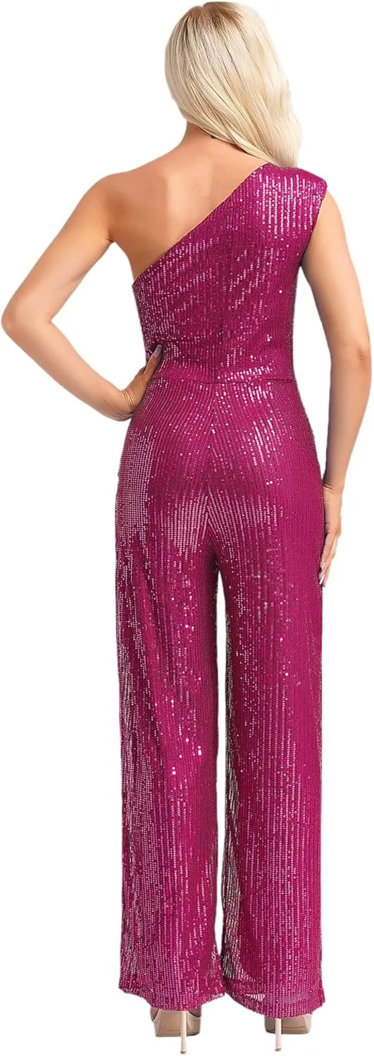 DINORMIN Women's Evening Sparkly Jumpsuits Off Shoulder Sequins Rompers High Waisted Wide Leg Pants Suit
