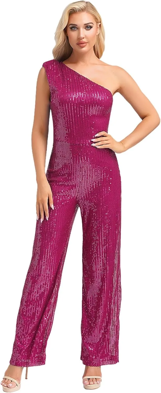 DINORMIN Women's Evening Sparkly Jumpsuits Off Shoulder Sequins Rompers High Waisted Wide Leg Pants Suit