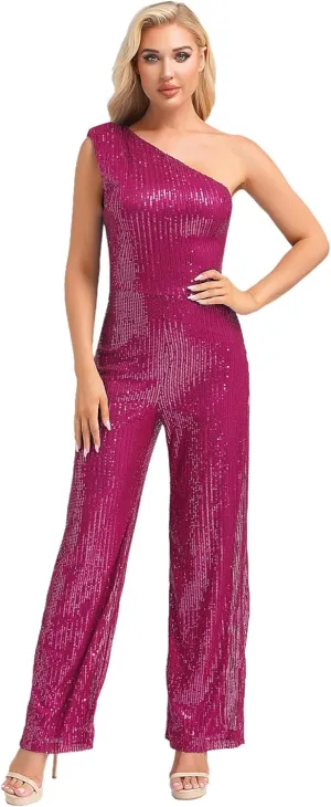 DINORMIN Women's Evening Sparkly Jumpsuits Off Shoulder Sequins Rompers High Waisted Wide Leg Pants Suit