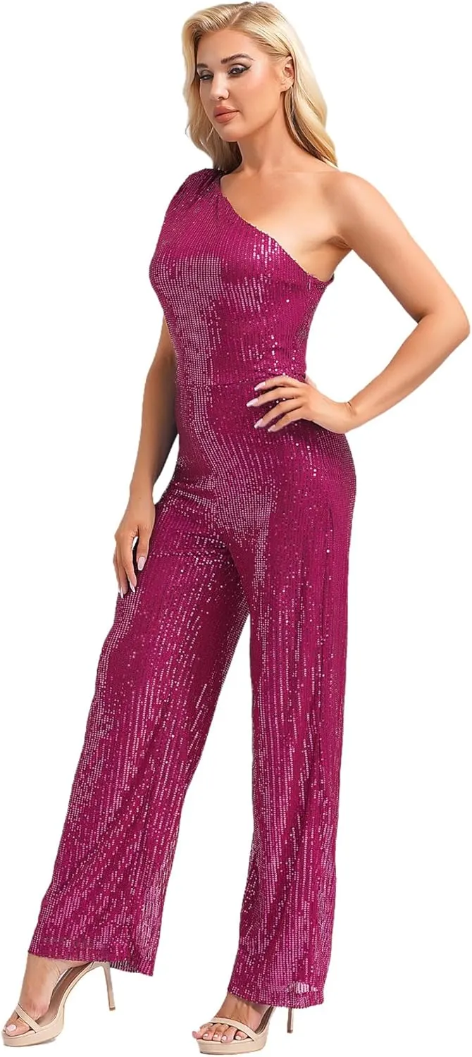 DINORMIN Women's Evening Sparkly Jumpsuits Off Shoulder Sequins Rompers High Waisted Wide Leg Pants Suit