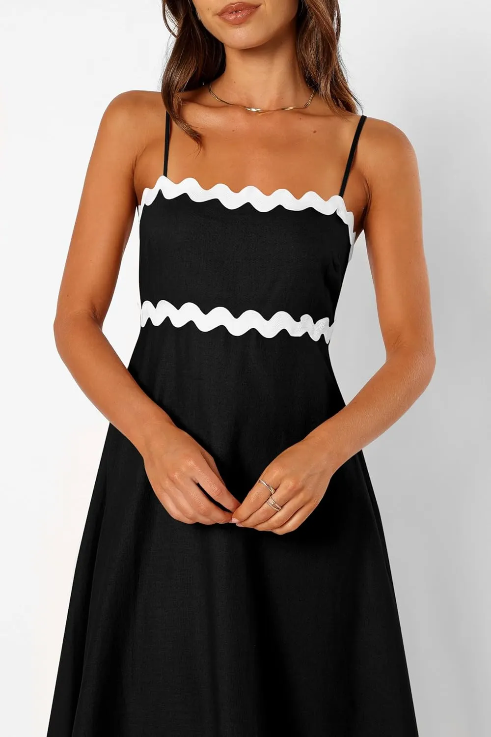 dowerme Women Summer Dresses 2025 Spaghetti Straps Sleeveless Smocked Rickrack Trim Boho Flowy Loose A-Line Midi Dress
