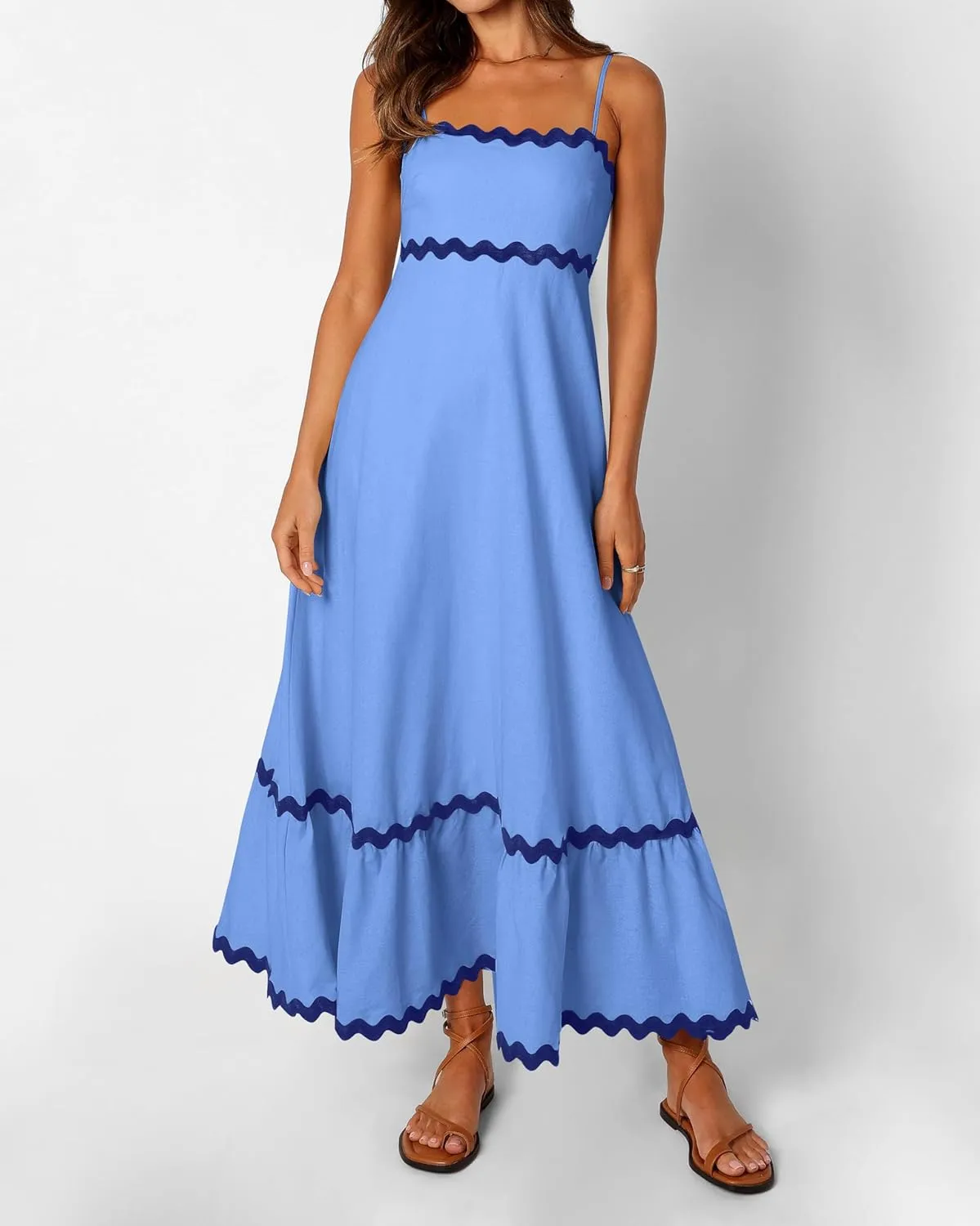 dowerme Women Summer Dresses 2025 Spaghetti Straps Sleeveless Smocked Rickrack Trim Boho Flowy Loose A-Line Midi Dress