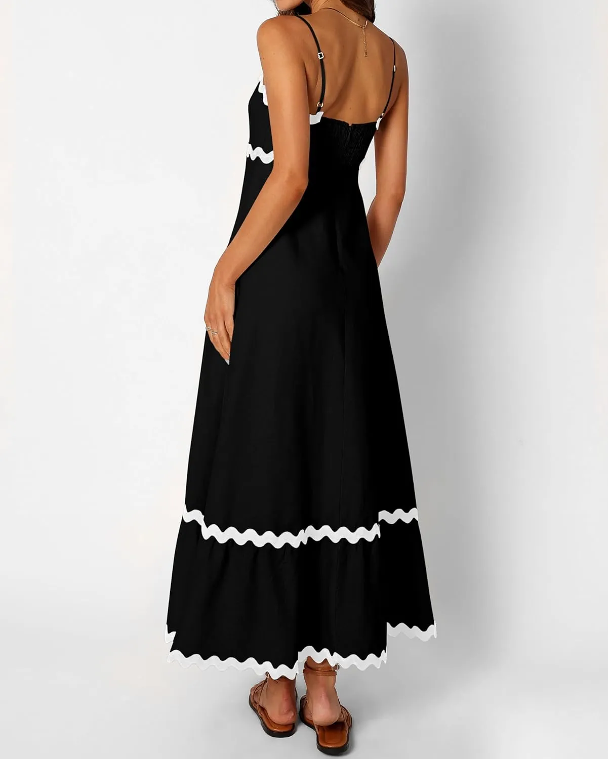 dowerme Women Summer Dresses 2025 Spaghetti Straps Sleeveless Smocked Rickrack Trim Boho Flowy Loose A-Line Midi Dress