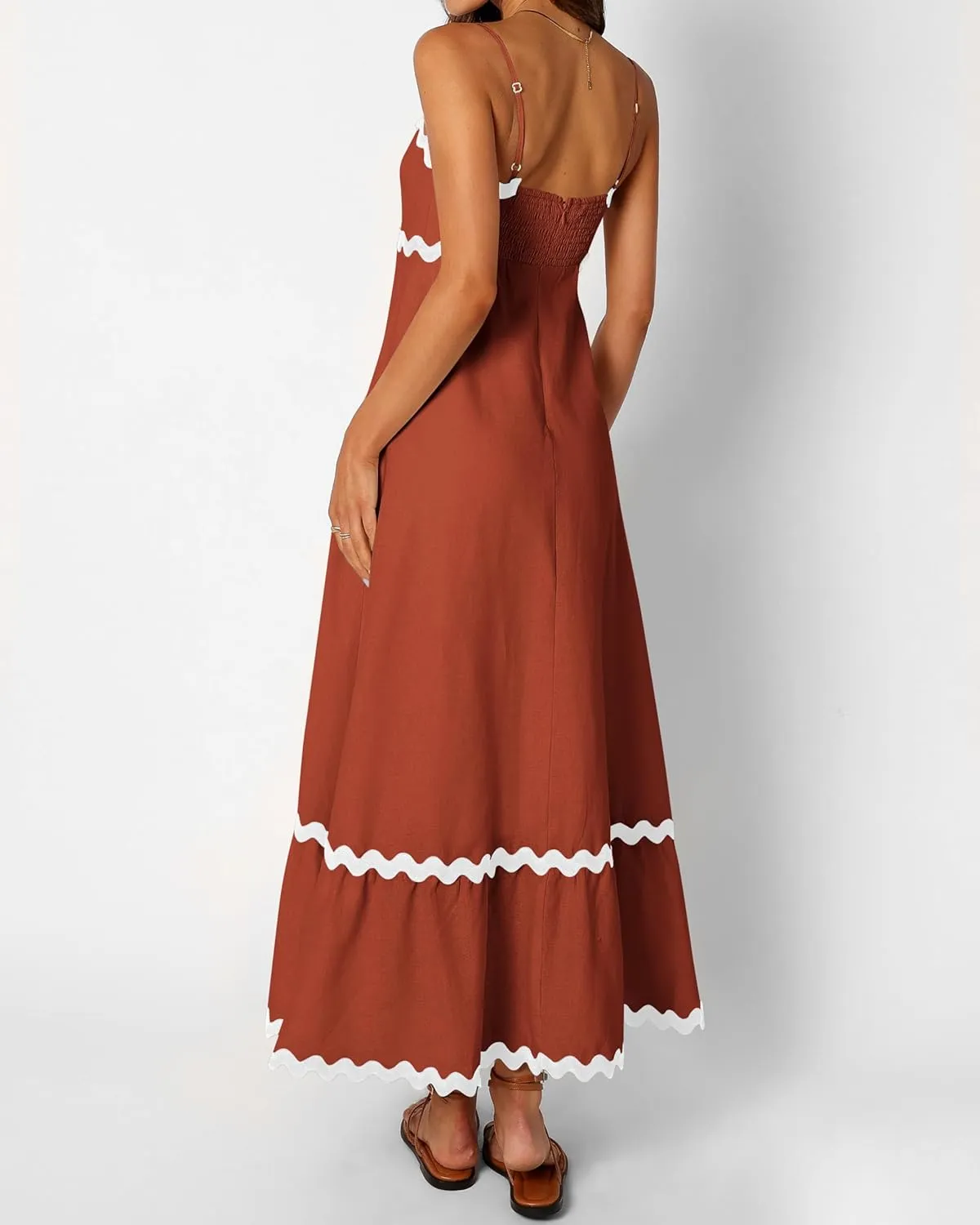 dowerme Women Summer Dresses 2025 Spaghetti Straps Sleeveless Smocked Rickrack Trim Boho Flowy Loose A-Line Midi Dress