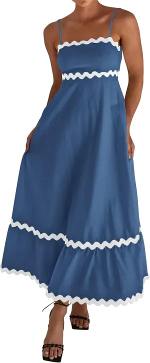 dowerme Women Summer Dresses 2025 Spaghetti Straps Sleeveless Smocked Rickrack Trim Boho Flowy Loose A-Line Midi Dress
