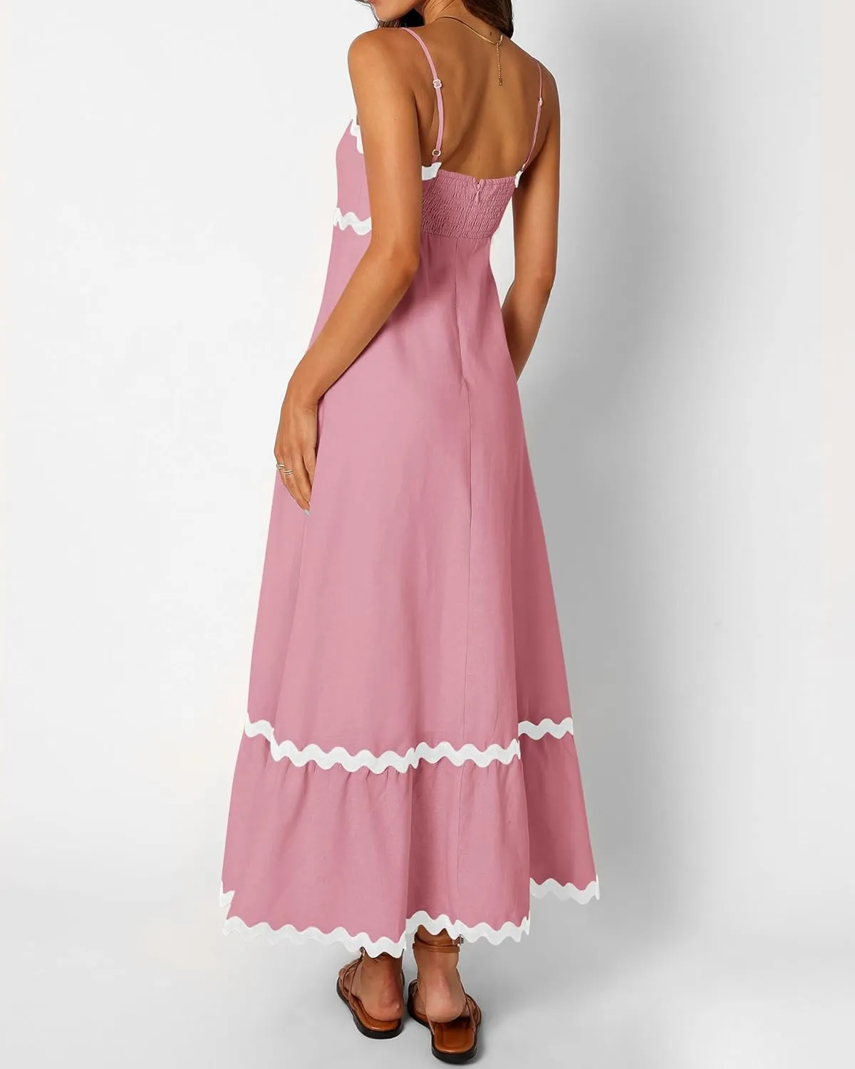 dowerme Women Summer Dresses 2025 Spaghetti Straps Sleeveless Smocked Rickrack Trim Boho Flowy Loose A-Line Midi Dress