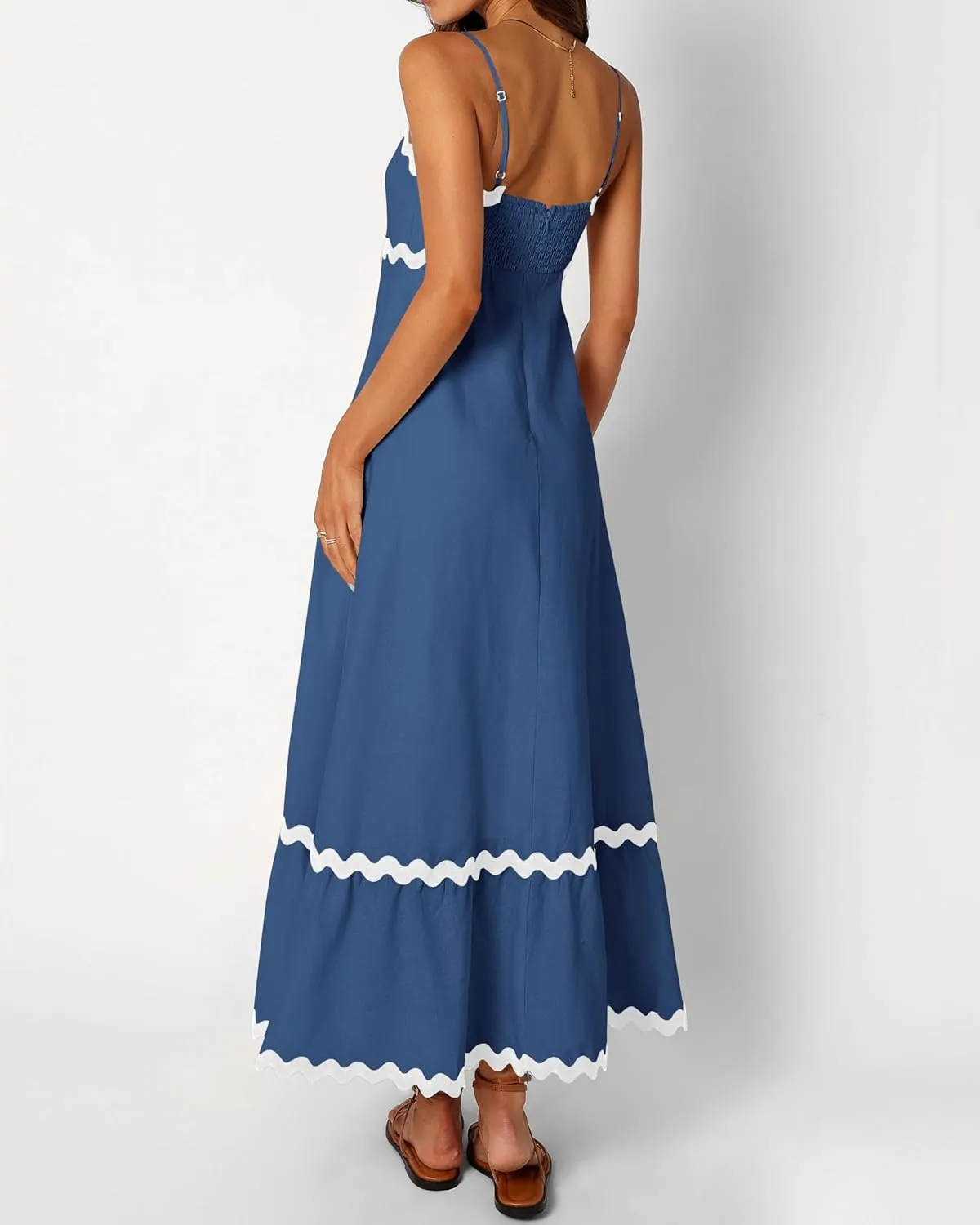 dowerme Women Summer Dresses 2025 Spaghetti Straps Sleeveless Smocked Rickrack Trim Boho Flowy Loose A-Line Midi Dress