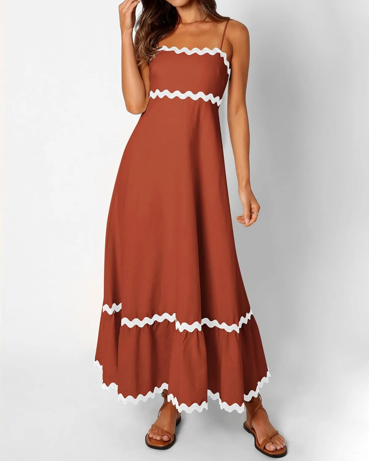 dowerme Women Summer Dresses 2025 Spaghetti Straps Sleeveless Smocked Rickrack Trim Boho Flowy Loose A-Line Midi Dress