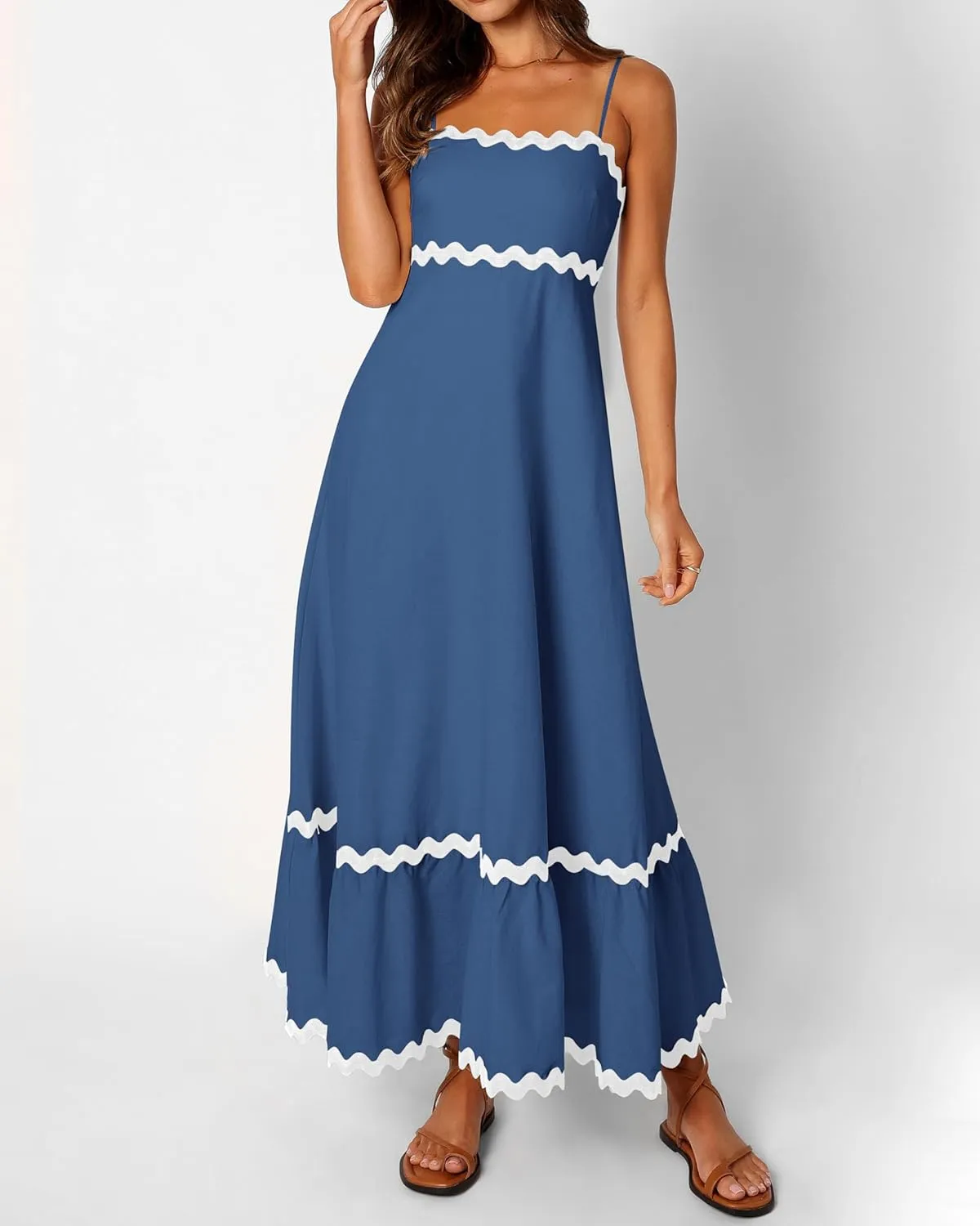 dowerme Women Summer Dresses 2025 Spaghetti Straps Sleeveless Smocked Rickrack Trim Boho Flowy Loose A-Line Midi Dress