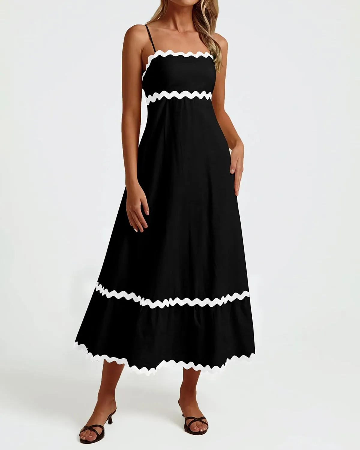 dowerme Women Summer Dresses 2025 Spaghetti Straps Sleeveless Smocked Rickrack Trim Boho Flowy Loose A-Line Midi Dress