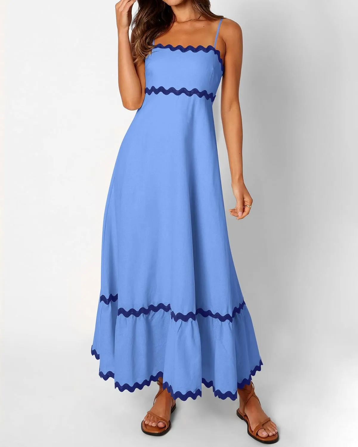 dowerme Women Summer Dresses 2025 Spaghetti Straps Sleeveless Smocked Rickrack Trim Boho Flowy Loose A-Line Midi Dress